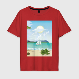 Мужская футболка хлопок Oversize с принтом Яхта в море летом и пляж в Екатеринбурге, 100% хлопок | свободный крой, круглый ворот, “спинка” длиннее передней части | Тематика изображения на принте: 
