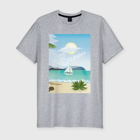 Мужская футболка хлопок Slim с принтом Яхта в море летом и пляж в Екатеринбурге, 92% хлопок, 8% лайкра | приталенный силуэт, круглый вырез ворота, длина до линии бедра, короткий рукав | Тематика изображения на принте: 