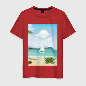 Мужская футболка хлопок с принтом Яхта в море летом и пляж в Екатеринбурге, 100% хлопок | прямой крой, круглый вырез горловины, длина до линии бедер, слегка спущенное плечо. | Тематика изображения на принте: 