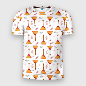 Мужская футболка 3D Slim с принтом Узор из музыкальных инструментов балалаек в Екатеринбурге, 100% полиэстер с улучшенными характеристиками | приталенный силуэт, круглая горловина, широкие плечи, сужается к линии бедра | 