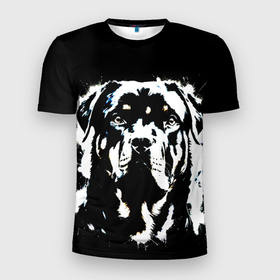 Мужская футболка 3D Slim с принтом Чёрно белый портрет ротвейлера в Екатеринбурге, 100% полиэстер с улучшенными характеристиками | приталенный силуэт, круглая горловина, широкие плечи, сужается к линии бедра | 