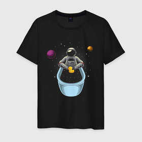 Мужская футболка хлопок с принтом Космонавт в ванной с резиновой уточкой , 100% хлопок | прямой крой, круглый вырез горловины, длина до линии бедер, слегка спущенное плечо. | 