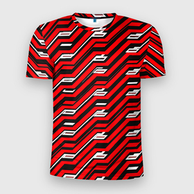 Мужская футболка 3D Slim с принтом Киберпанк узор красный и чёрный в Белгороде, 100% полиэстер с улучшенными характеристиками | приталенный силуэт, круглая горловина, широкие плечи, сужается к линии бедра | 