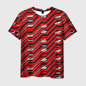 Мужская футболка 3D с принтом Киберпанк узор красный и чёрный в Санкт-Петербурге, 100% полиэфир | прямой крой, круглый вырез горловины, длина до линии бедер | 