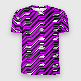 Мужская футболка 3D Slim с принтом Киберпанк узор фиолетовый и чёрный в Белгороде, 100% полиэстер с улучшенными характеристиками | приталенный силуэт, круглая горловина, широкие плечи, сужается к линии бедра | 
