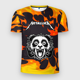 Мужская футболка 3D Slim с принтом Metallica рок панда и огонь , 100% полиэстер с улучшенными характеристиками | приталенный силуэт, круглая горловина, широкие плечи, сужается к линии бедра | 