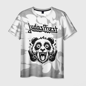 Мужская футболка 3D с принтом Judas Priest рок панда на светлом фоне в Санкт-Петербурге, 100% полиэфир | прямой крой, круглый вырез горловины, длина до линии бедер | 