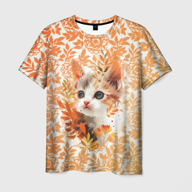 Мужская футболка 3D с принтом Котёнок в осеннем саду , 100% полиэфир | прямой крой, круглый вырез горловины, длина до линии бедер | 
