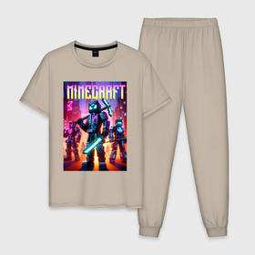 Мужская пижама хлопок с принтом Cyberpunk and Minecraft   ai art collaboration в Тюмени, 100% хлопок | брюки и футболка прямого кроя, без карманов, на брюках мягкая резинка на поясе и по низу штанин
 | Тематика изображения на принте: 