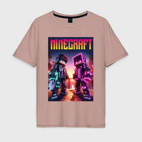 Мужская футболка хлопок Oversize с принтом Minecraft   neon fantasy ai art , 100% хлопок | свободный крой, круглый ворот, “спинка” длиннее передней части | Тематика изображения на принте: 