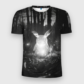 Мужская футболка 3D Slim с принтом Пикачу в темном лесу в Санкт-Петербурге, 100% полиэстер с улучшенными характеристиками | приталенный силуэт, круглая горловина, широкие плечи, сужается к линии бедра | Тематика изображения на принте: 