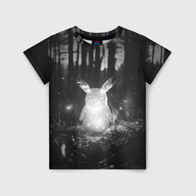 Детская футболка 3D с принтом Пикачу в темном лесу в Петрозаводске, 100% гипоаллергенный полиэфир | прямой крой, круглый вырез горловины, длина до линии бедер, чуть спущенное плечо, ткань немного тянется | Тематика изображения на принте: 