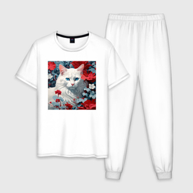 Мужская пижама хлопок с принтом Кот белый в цветах в Курске, 100% хлопок | брюки и футболка прямого кроя, без карманов, на брюках мягкая резинка на поясе и по низу штанин
 | 