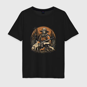 Мужская футболка хлопок Oversize с принтом Охотник и лисы в Петрозаводске, 100% хлопок | свободный крой, круглый ворот, “спинка” длиннее передней части | 