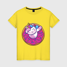 Женская футболка хлопок с принтом Пончик с единорогом в Белгороде, 100% хлопок | прямой крой, круглый вырез горловины, длина до линии бедер, слегка спущенное плечо | 