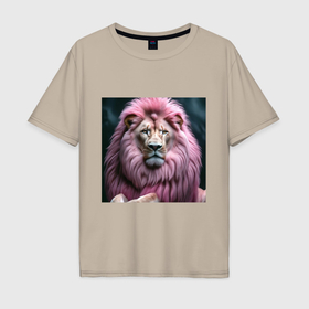Мужская футболка хлопок Oversize с принтом Лев с огромной гривой розового цвета , 100% хлопок | свободный крой, круглый ворот, “спинка” длиннее передней части | 