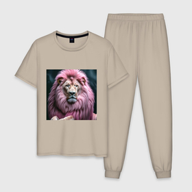 Мужская пижама хлопок с принтом Лев с огромной гривой розового цвета , 100% хлопок | брюки и футболка прямого кроя, без карманов, на брюках мягкая резинка на поясе и по низу штанин
 | 