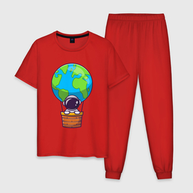 Мужская пижама хлопок с принтом Космонавт на воздушном шаре в Тюмени, 100% хлопок | брюки и футболка прямого кроя, без карманов, на брюках мягкая резинка на поясе и по низу штанин
 | 