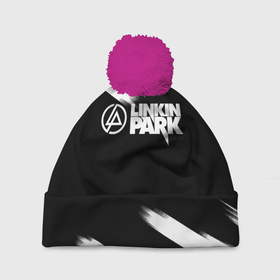 Шапка 3D c помпоном с принтом Linkin park рок бенд краски в Кировске, 100% полиэстер | универсальный размер, печать по всей поверхности изделия | 