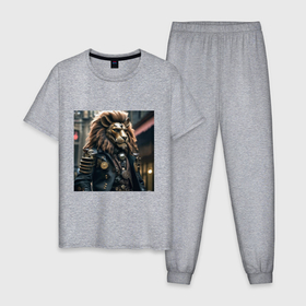 Мужская пижама хлопок с принтом Лев в кожаном костюме в стиле стимпанк , 100% хлопок | брюки и футболка прямого кроя, без карманов, на брюках мягкая резинка на поясе и по низу штанин
 | 