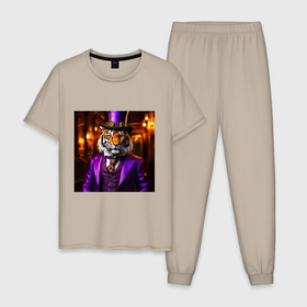 Мужская пижама хлопок с принтом Тигр в сиреневом костюме стиль стимпанк в Кировске, 100% хлопок | брюки и футболка прямого кроя, без карманов, на брюках мягкая резинка на поясе и по низу штанин
 | 
