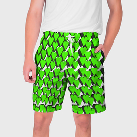 Мужские шорты 3D с принтом Зелёные сердечки на белом фоне в Тюмени,  полиэстер 100% | прямой крой, два кармана без застежек по бокам. Мягкая трикотажная резинка на поясе, внутри которой широкие завязки. Длина чуть выше колен | 
