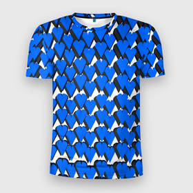 Мужская футболка 3D Slim с принтом Синие сердечки на белом фоне в Новосибирске, 100% полиэстер с улучшенными характеристиками | приталенный силуэт, круглая горловина, широкие плечи, сужается к линии бедра | Тематика изображения на принте: 