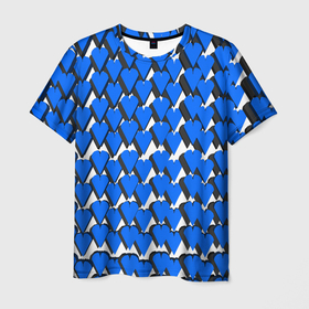 Мужская футболка 3D с принтом Синие сердечки на белом фоне в Новосибирске, 100% полиэфир | прямой крой, круглый вырез горловины, длина до линии бедер | Тематика изображения на принте: 