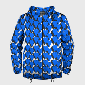Мужская ветровка 3D с принтом Синие сердечки на белом фоне в Новосибирске, 100% полиэстер | подол и капюшон оформлены резинкой с фиксаторами, два кармана без застежек по бокам, один потайной карман на груди | Тематика изображения на принте: 