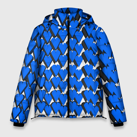 Мужская зимняя куртка 3D с принтом Синие сердечки на белом фоне в Новосибирске, верх — 100% полиэстер; подкладка — 100% полиэстер; утеплитель — 100% полиэстер | длина ниже бедра, свободный силуэт Оверсайз. Есть воротник-стойка, отстегивающийся капюшон и ветрозащитная планка. 

Боковые карманы с листочкой на кнопках и внутренний карман на молнии. | Тематика изображения на принте: 