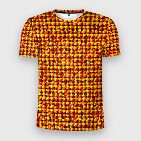 Мужская футболка 3D Slim с принтом Солнечный жёлто красный мозаика в Тюмени, 100% полиэстер с улучшенными характеристиками | приталенный силуэт, круглая горловина, широкие плечи, сужается к линии бедра | 
