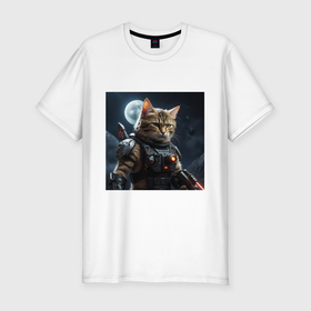 Мужская футболка хлопок Slim с принтом Космический кот на фоне луны в Кировске, 92% хлопок, 8% лайкра | приталенный силуэт, круглый вырез ворота, длина до линии бедра, короткий рукав | Тематика изображения на принте: 