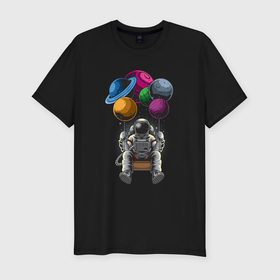 Мужская футболка хлопок Slim с принтом Космонавт на воздушных шарах в Тюмени, 92% хлопок, 8% лайкра | приталенный силуэт, круглый вырез ворота, длина до линии бедра, короткий рукав | 