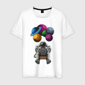 Мужская футболка хлопок с принтом Космонавт на воздушных шарах в Тюмени, 100% хлопок | прямой крой, круглый вырез горловины, длина до линии бедер, слегка спущенное плечо. | 