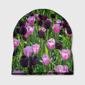 Шапка 3D с принтом Тюльпаны розовые и темно бордовые в Петрозаводске, 100% полиэстер | универсальный размер, печать по всей поверхности изделия | Тематика изображения на принте: 