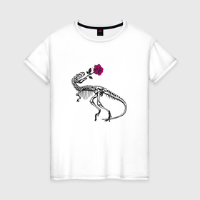 Женская футболка хлопок с принтом Динозавр и цветок в Новосибирске, 100% хлопок | прямой крой, круглый вырез горловины, длина до линии бедер, слегка спущенное плечо | 