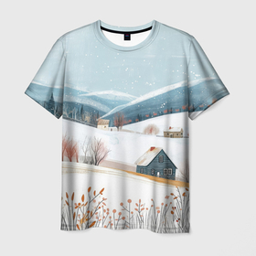 Мужская футболка 3D с принтом Детский рисунок зимы в Кировске, 100% полиэфир | прямой крой, круглый вырез горловины, длина до линии бедер | 