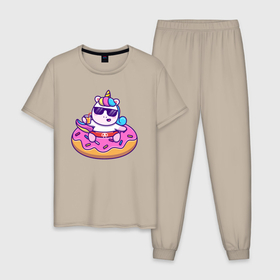 Мужская пижама хлопок с принтом Единорог в очках и пончик в Курске, 100% хлопок | брюки и футболка прямого кроя, без карманов, на брюках мягкая резинка на поясе и по низу штанин
 | 