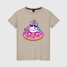 Женская футболка хлопок с принтом Единорог в очках и пончик , 100% хлопок | прямой крой, круглый вырез горловины, длина до линии бедер, слегка спущенное плечо | 