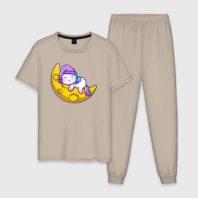 Мужская пижама хлопок с принтом Спящий единорог на луне в Курске, 100% хлопок | брюки и футболка прямого кроя, без карманов, на брюках мягкая резинка на поясе и по низу штанин
 | 