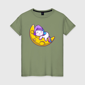 Женская футболка хлопок с принтом Спящий единорог на луне в Тюмени, 100% хлопок | прямой крой, круглый вырез горловины, длина до линии бедер, слегка спущенное плечо | 