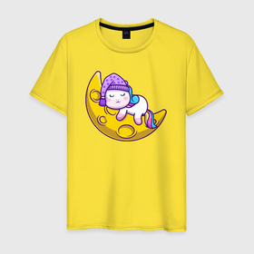 Мужская футболка хлопок с принтом Спящий единорог на луне в Тюмени, 100% хлопок | прямой крой, круглый вырез горловины, длина до линии бедер, слегка спущенное плечо. | 