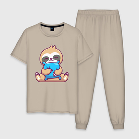 Мужская пижама хлопок с принтом Ленивец с подушкой в Новосибирске, 100% хлопок | брюки и футболка прямого кроя, без карманов, на брюках мягкая резинка на поясе и по низу штанин
 | 
