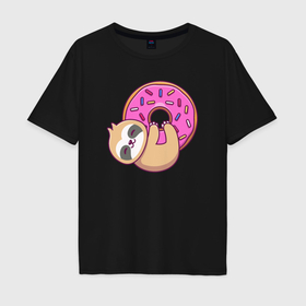 Мужская футболка хлопок Oversize с принтом Ленивец с пончиком в Тюмени, 100% хлопок | свободный крой, круглый ворот, “спинка” длиннее передней части | 
