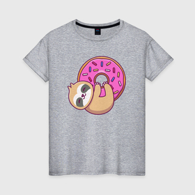 Женская футболка хлопок с принтом Ленивец с пончиком в Курске, 100% хлопок | прямой крой, круглый вырез горловины, длина до линии бедер, слегка спущенное плечо | 
