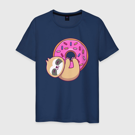 Мужская футболка хлопок с принтом Ленивец с пончиком в Белгороде, 100% хлопок | прямой крой, круглый вырез горловины, длина до линии бедер, слегка спущенное плечо. | 