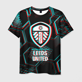 Мужская футболка 3D с принтом Leeds United FC в стиле glitch на темном фоне в Санкт-Петербурге, 100% полиэфир | прямой крой, круглый вырез горловины, длина до линии бедер | 