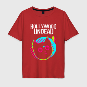Мужская футболка хлопок Oversize с принтом Hollywood Undead rock star cat в Екатеринбурге, 100% хлопок | свободный крой, круглый ворот, “спинка” длиннее передней части | 