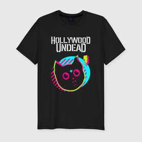 Мужская футболка хлопок Slim с принтом Hollywood Undead rock star cat в Санкт-Петербурге, 92% хлопок, 8% лайкра | приталенный силуэт, круглый вырез ворота, длина до линии бедра, короткий рукав | Тематика изображения на принте: 