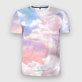 Мужская футболка 3D Slim с принтом Розовые облака в голубых небесах в Белгороде, 100% полиэстер с улучшенными характеристиками | приталенный силуэт, круглая горловина, широкие плечи, сужается к линии бедра | Тематика изображения на принте: 